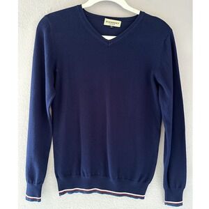 Burberry London V Neck Sweater Navy Blue Ribbed Cuff Trim Size Medium